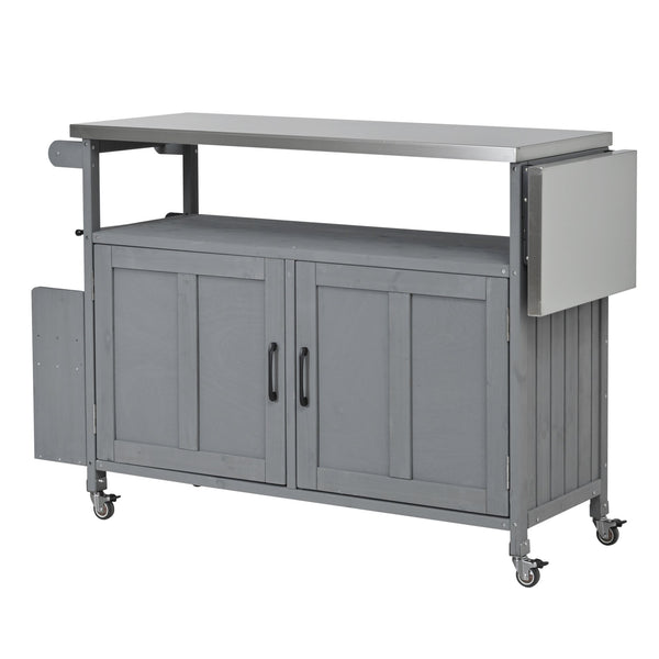 English Elm Foldable Outdoor Kitchen Cart with Stainless Worktop Fir Wood Frame and Lockable Wheels Grey N719P380279E