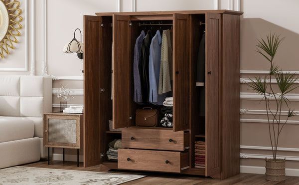 English Elm 4 Door Wardrobe Armoire Closet with 2 Drawers Rustic Pine & MDF Storage Cabinet with Shelves and Hanging Space Brown N7090001842D