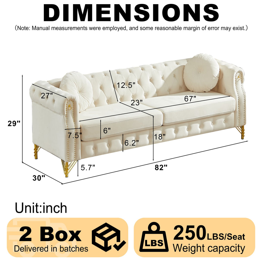 English Elm 82-inch Velvet Chesterfield Sofa Tufted Button Back with Copper Studs and Gold Metal Legs Beige W834S00617