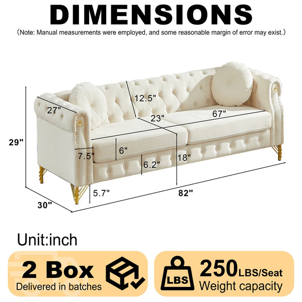 English Elm 82-inch Velvet Chesterfield Sofa Tufted Button Back with Copper Studs and Gold Metal Legs Beige W834S00617