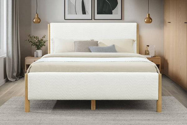 English Elm Christopher Knight Home® - Modern White Boucle Upholstered Bed – Stylish Queen Size With Natural Rubberwood Legs For Comfort N769P266445Q