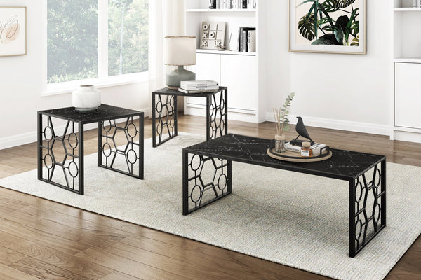 English Elm Modern Melody 3-Piece Occasional Table Set – Marble-Print Tempered Fluted Glass Top, Black Geometric Base, Cocktail + 2 End Tables B011P297644