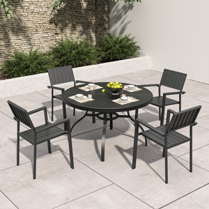 English Elm 5-piece Outdoor Dining Set Round Slatted Table with Umbrella Hole and Stackable Chairs Black W3979S00051