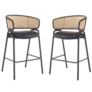 English Elm Christopher Knight Home® - Ethan Metal Upholstered Barstool Set of 2 — Faux Leather Cushions, Woven Rattan Back, Sleek Black Frame N775P290455B