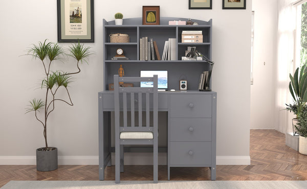 English Elm Vintage 40'' Home Executive Desk Set with Upholstered Chair and Built-In Bookshelf for Stylish Productivity Gray 44 L x 23 W x 13.5 H N733P272894E