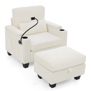 English Elm Single Chenille Manual Recliner with Usb Port Hidden Storage Ottoman and Cup Holders Beige W487P423650