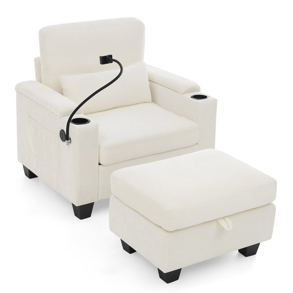 English Elm Single Chenille Manual Recliner with Usb Port Hidden Storage Ottoman and Cup Holders Beige W487P423650