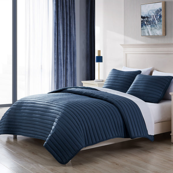 English Elm Excursion Navy Puffer Quilted Comforter Set 3pc Full/Queen – Indoor/Outdoor Matte Finish, Cozy Layers B340P341955