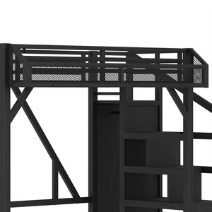 English Elm Full Xl Over Twin Triple Metal Bunk Bed with Storage Stairs and Shelves Black Black+Natural W1580S00407