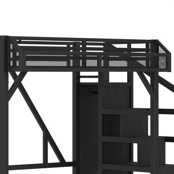 English Elm Full Xl Over Twin Triple Metal Bunk Bed with Storage Stairs and Shelves Black Black+Natural W1580S00407