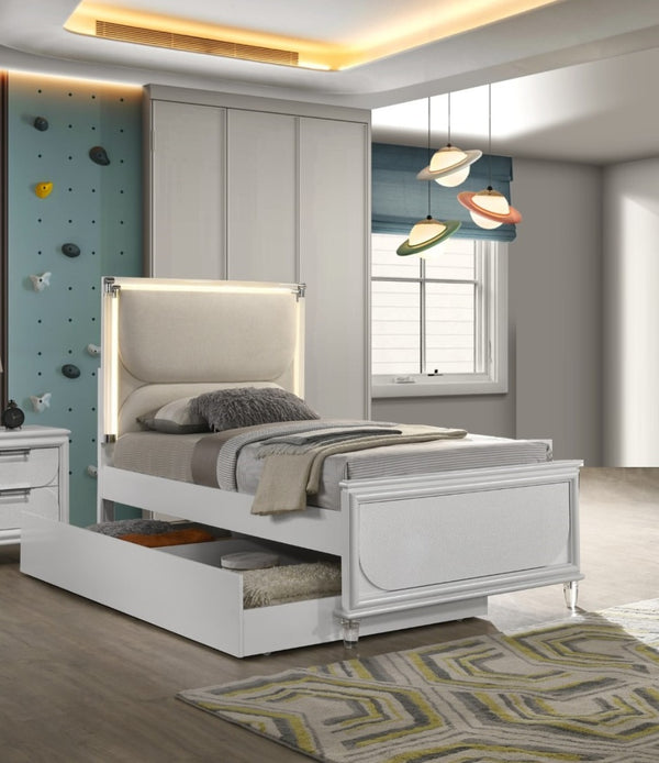 English Elm Contemporary Glam Pearl White Twin Bed With Trundle & Led Lights - Stylish Upholstered Furniture Set B2741S00384