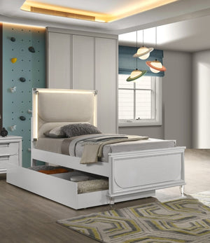 English Elm Contemporary Glam Pearl White Full Size Bed Frame With Led Headboard And Embossed Upholstery Design B2741S00390