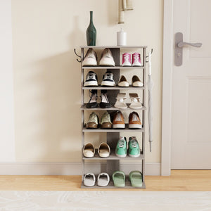 English Elm Shoe 7-Tier Vertical Shoe Rack with Hooks - Rustic Gray Organizer for 12-14 Pairs, Space-Saving Entryway W3151P346291