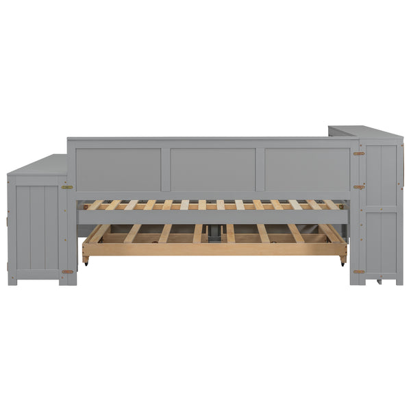 English Elm Full Size Pine Wood Platform Daybed with Led Headboard Desk Storage and Charging Gray N7090000475E-1