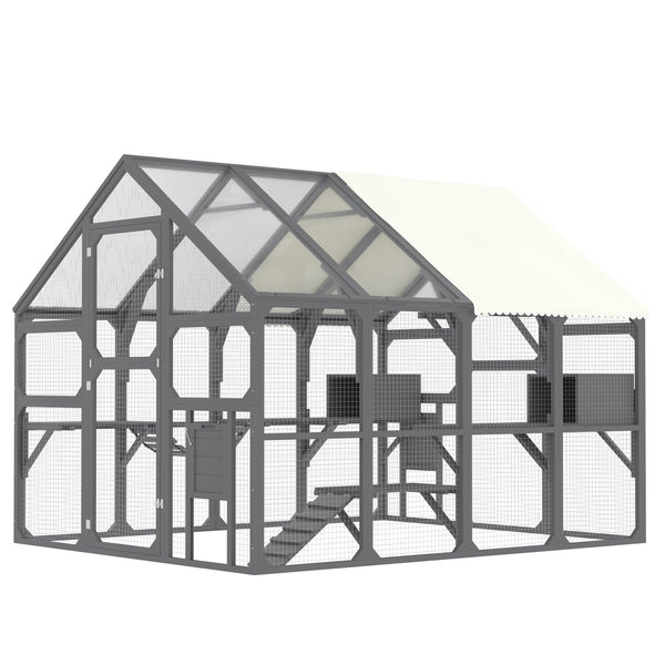 English Elm Large Walk-in Pine Catio Multi-cat Enclosure with Seven Platforms and Weatherproof Roof N704G201613E