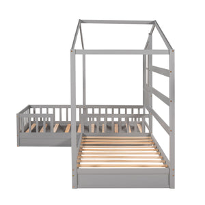 English Elm Wood House Bed L Shaped Twin Frame Solid Pine Kids Bedroom with Fence Rail Slats LP001345AAE