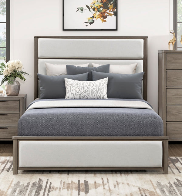 English Elm 1pc Eastern King Panel Bed Chenille Upholstered Headboard Light Gray Wood Frame B011S02232