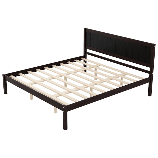 English Elm Platform King Bed Solid Pine Panel Headboard Wood Slat Base Modern Bedroom Frame Espresso N709P425341P