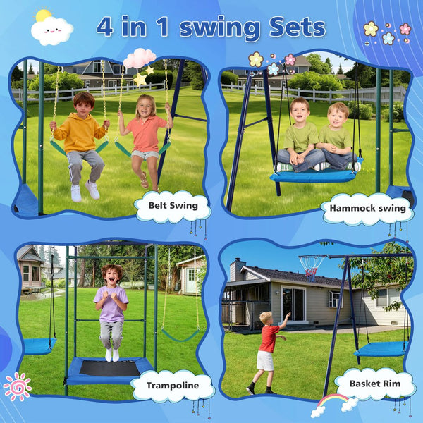English Elm 4 in 1 Kids Outdoor Swing Set Steel A-frame with Trampoline and Basketball Rim W1408P367265