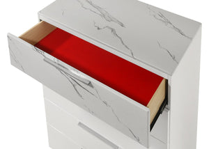 English Elm Mist Chest White Modern Lacquer Chest with Marble Accents, 5 Smooth-Glide Drawers, Velvet-Lined Top Drawer and Minimalist Handles G150108673