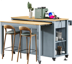 English Elm K&K 47 Inch Kitchen Island with Extendable Dining Table, Rolling Storage Cabinet, Built-In Power Grey+Blue N707P215327G