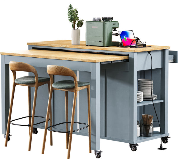 English Elm K&K 47 Inch Kitchen Island with Extendable Dining Table, Rolling Storage Cabinet, Built-In Power Grey+Blue N707P215327G