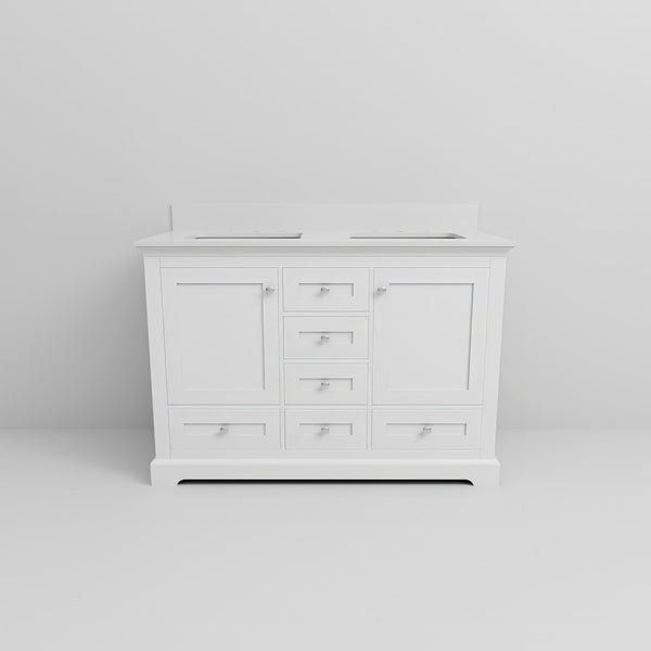 English Elm White Double Bath Vanity 48 in W x 22 in D with White Quartz Top, Solid Wood, Soft-Close Drawers and Ample Storage B2731P258176