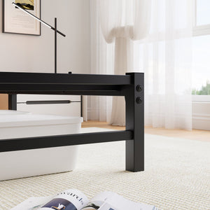 English Elm Queen Metal Bed Frame with Wooden Headboard, Built-In USB Charging, RGB App Lights, Storage Shelf, 10.6" Clearance, Noise-Free, Rustic Finish Black W840P209907