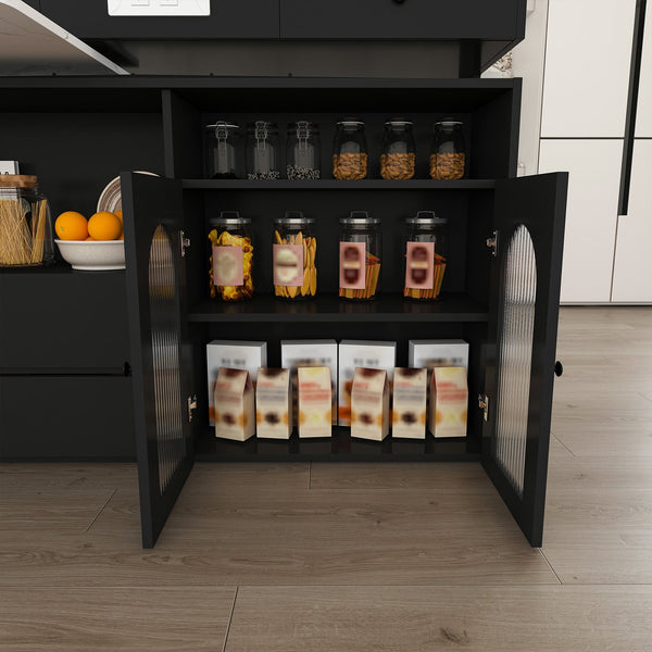 English Elm Kitchen Island Marble Veneer Retro Style Rotating Expandable Top Built-in Outlets Mdf Black W2700S00119