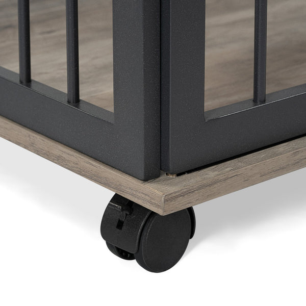English Elm GO Furniture-Style Dog Crate 44" Gray End Table Kennel with Sliding Barn Door, Storage Shelves, Wheels WF323360AAE