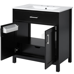 English Elm 30-Inch Contemporary Bathroom Vanity With Ceramic Sink & Smart Storage For Small Spaces WF530809AAB