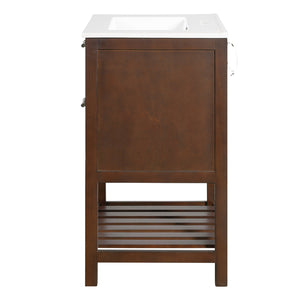 English Elm 24" Rattan Front Bathroom Vanity with Ceramic Sink Deep Drawer Storage Mdf Cabinet Dark Brown N710P293990P