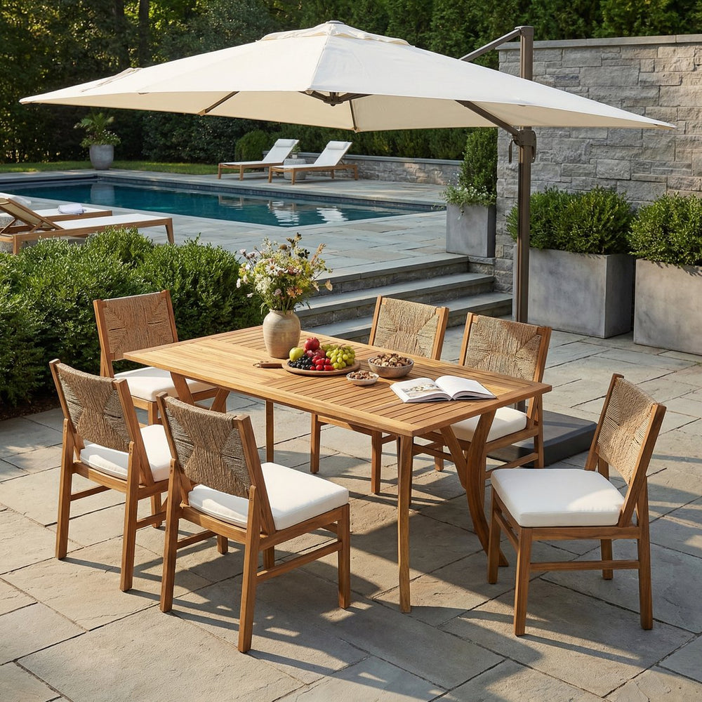 English Elm Outdoor Acacia Wood Dining Set Seats Six with Woven Wicker Back Cushioned Chairs N773OD00084B