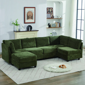 English Elm Corduroy Plush U-Shaped Sectional Sofa with Storage Ottoman, Pet-Friendly Durable Modular Comfort Green W2915S00065