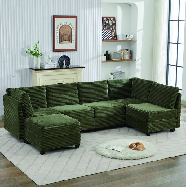 English Elm Corduroy Plush U-Shaped Sectional Sofa with Storage Ottoman, Pet-Friendly Durable Modular Comfort Green W2915S00065