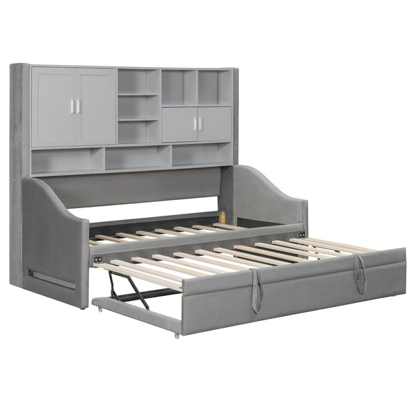 English Elm Twin Upholstered Daybed with LED Armrest Lighting, Hidden Storage Shelves & Lift-Up Pull-Out Trundle Gray SF000198AAE