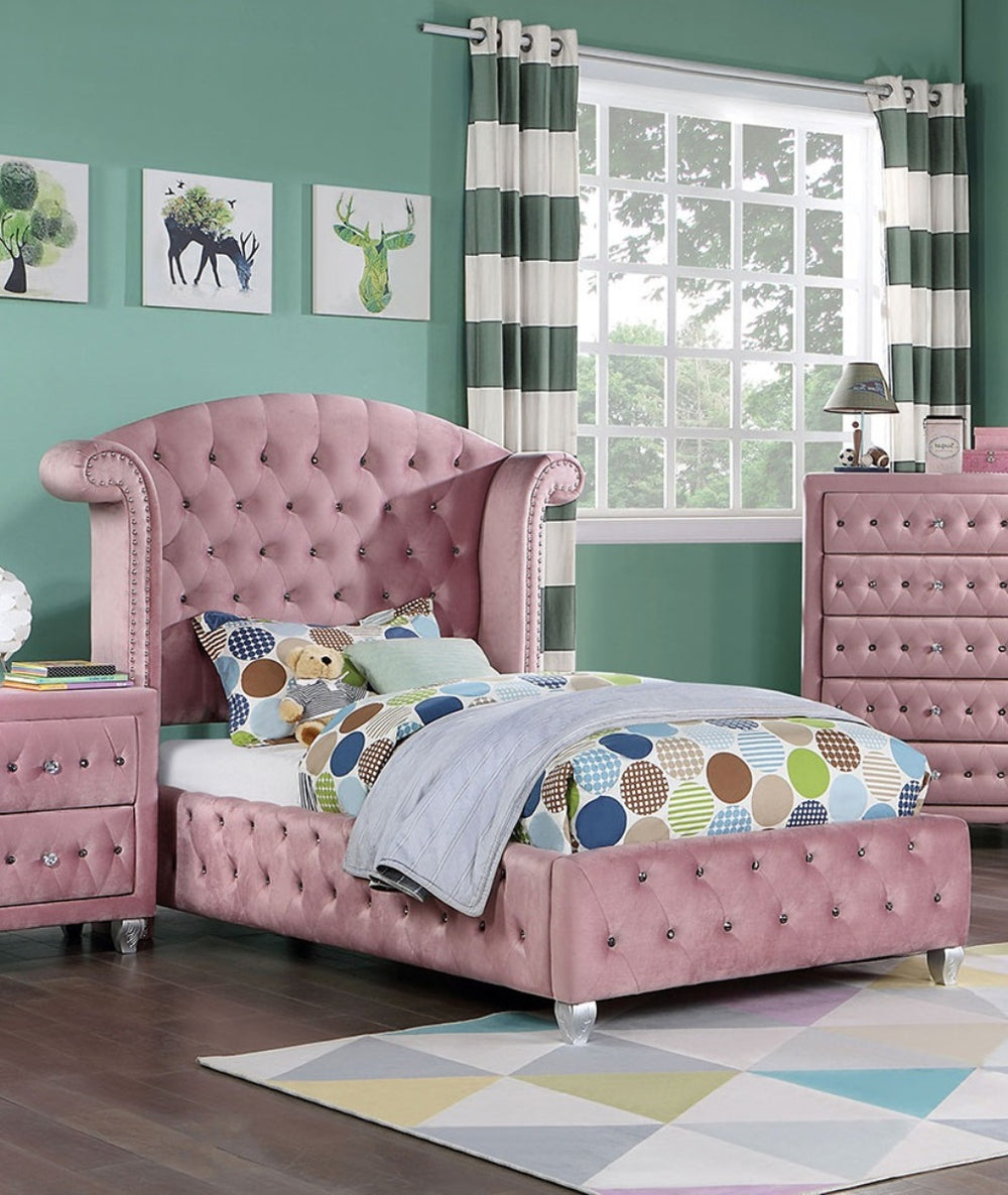 English Elm Glam Oversized Wingback Tufted Flannelette Queen Bed with Nailhead Trim, Crystal Accents, Cabriole Legs Pink 63 L x 37.5 W x 5 H B2741S00052