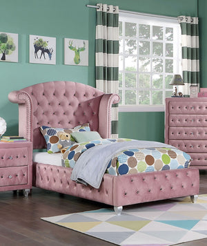 English Elm Glam Oversized Wingback Tufted Flannelette Queen Bed with Nailhead Trim, Crystal Accents, Cabriole Legs Pink 63 L x 37.5 W x 5 H B2741S00052