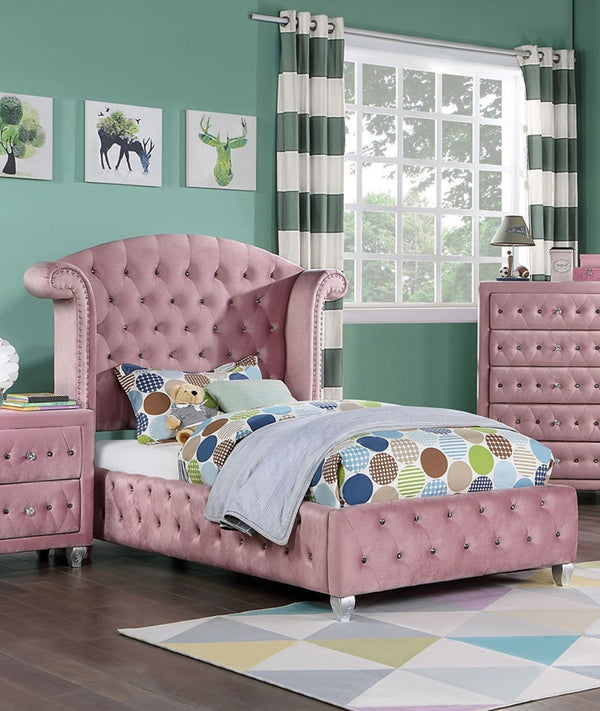 English Elm Glam Oversized Wingback Tufted Flannelette Queen Bed with Nailhead Trim, Crystal Accents, Cabriole Legs Pink 63 L x 37.5 W x 5 H B2741S00052