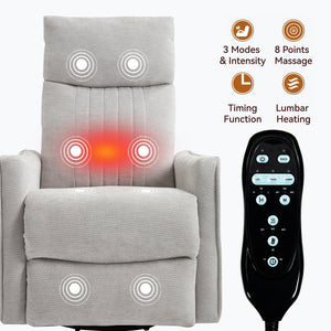 English Elm Blue Fabric Swivel Rocker Recliner with Massage Heat Nodes for Living Room Comfort Light Gray W1803P321838