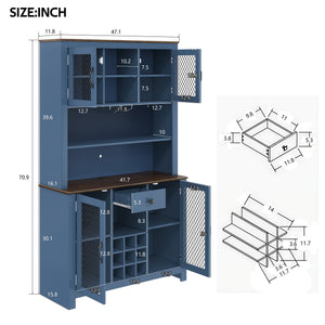 English Elm 70.9" Farmhouse Hutch Pantry with Led Lighting Wine Rack Mesh Doors and Built-in Power Navy Blue CH361426AAL