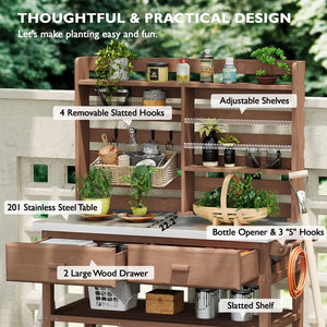 English Elm K&K 64.9" Outdoor Potting Bench with 1.2" Stainless Steel Top, Lockable Wheels, Hutch & Drawers Brown N707P228274Z