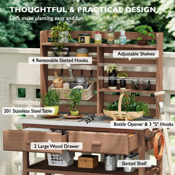 English Elm K&K 64.9" Outdoor Potting Bench with 1.2" Stainless Steel Top, Lockable Wheels, Hutch & Drawers Brown N707P228274Z