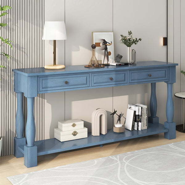 English Elm Trexm Distressed Entryway Console Table Three Drawers Open Shelf Mediterranean Wood Navy N715P372052M