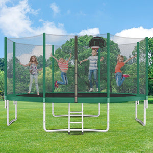 English Elm 14ft Round Backyard Trampoline with Enclosed Safety Net Basketball Hoop and Ladder Green N739S000003F