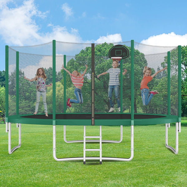 English Elm 14ft Round Backyard Trampoline with Enclosed Safety Net Basketball Hoop and Ladder Green N739S000003F