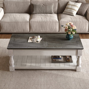English Elm Farmhouse Coffee Table Solid Planked Wood with Open Shelf Square Baluster Living Room Ancient White,Antique Grey W1445P362856
