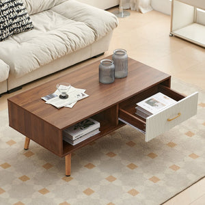 English Elm Rectangle Coffee Table With Solid Wood Legs & Sliding Drawer - Modern Walnut Design For Living Room W1265P236879-GIGA