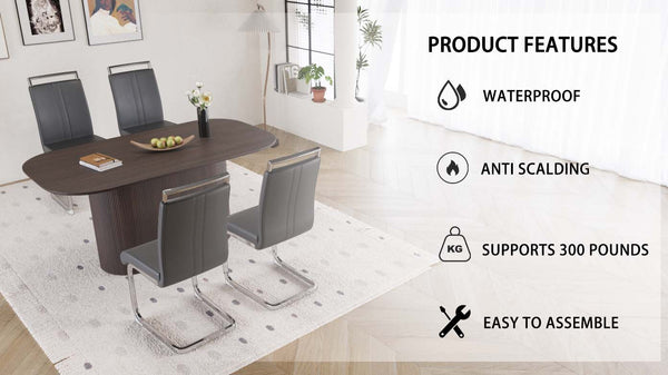 English Elm 63" Modern Brown Mdf Dining Table Set With 4 Pu Leather Chairs & Silver Legs – Stylish & Durable! W2189S00673