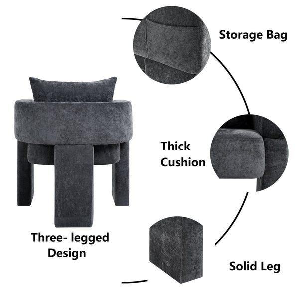 English Elm Modern Chenille 3-Leg Dining Chair with Ergonomic Arms and Removable Pillow, Supportive Comfy Accent Seating for Small Spaces Grey 31.5 L x 27.76 W x 15.16 H W1716P280599